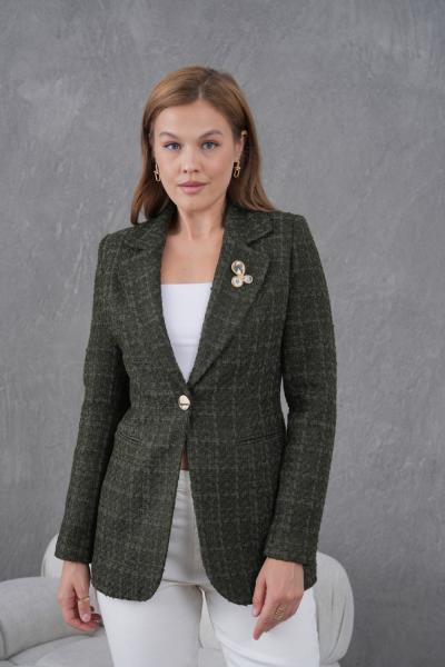 Broşlu Örgü Kumaş Kadın Ceket Haki