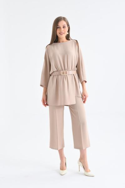 İnci Kemerli Tunik Kadın Takım Bej