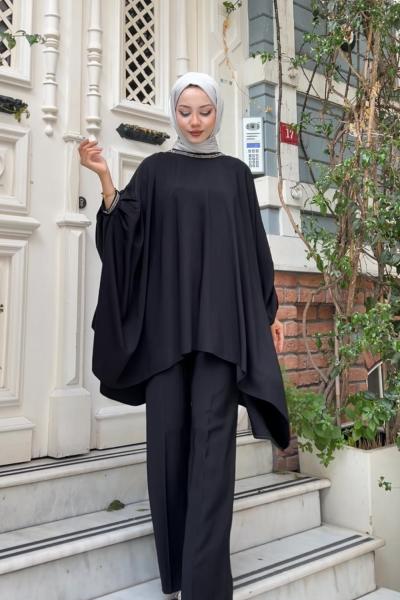 Kol Düğmeli Salaş Tunik Kadın Takım Siyah