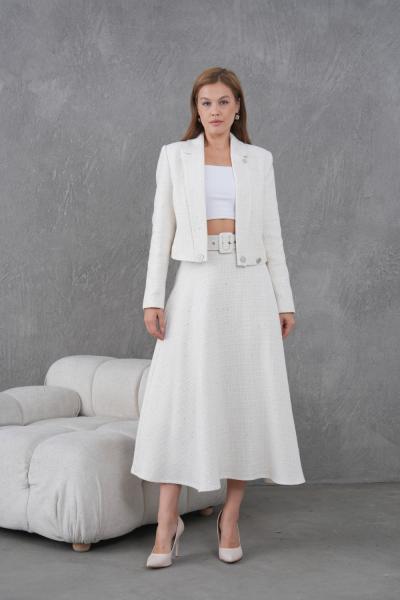 Örgü Kumaş Kloş Etekli Kadın Takım Beyaz