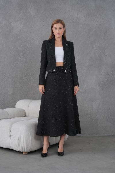 Örgü Kumaş Kloş Etekli Kadın Takım Siyah