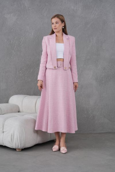 Örgü Kumaş Kloş Etekli Kadın Takım Pembe