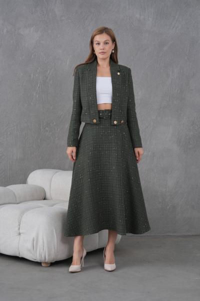 Örgü Kumaş Kloş Etekli Kadın Takım Haki