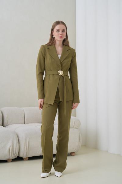 Tokalı Kuşak Ceketli Kadın Takım Elbise Haki